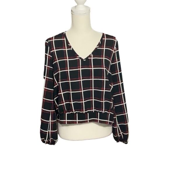 Miley + Molly Tops - Miley + Molly Black Red Plaid Crop Top Long Sleeve Back Bow Tie Size Small